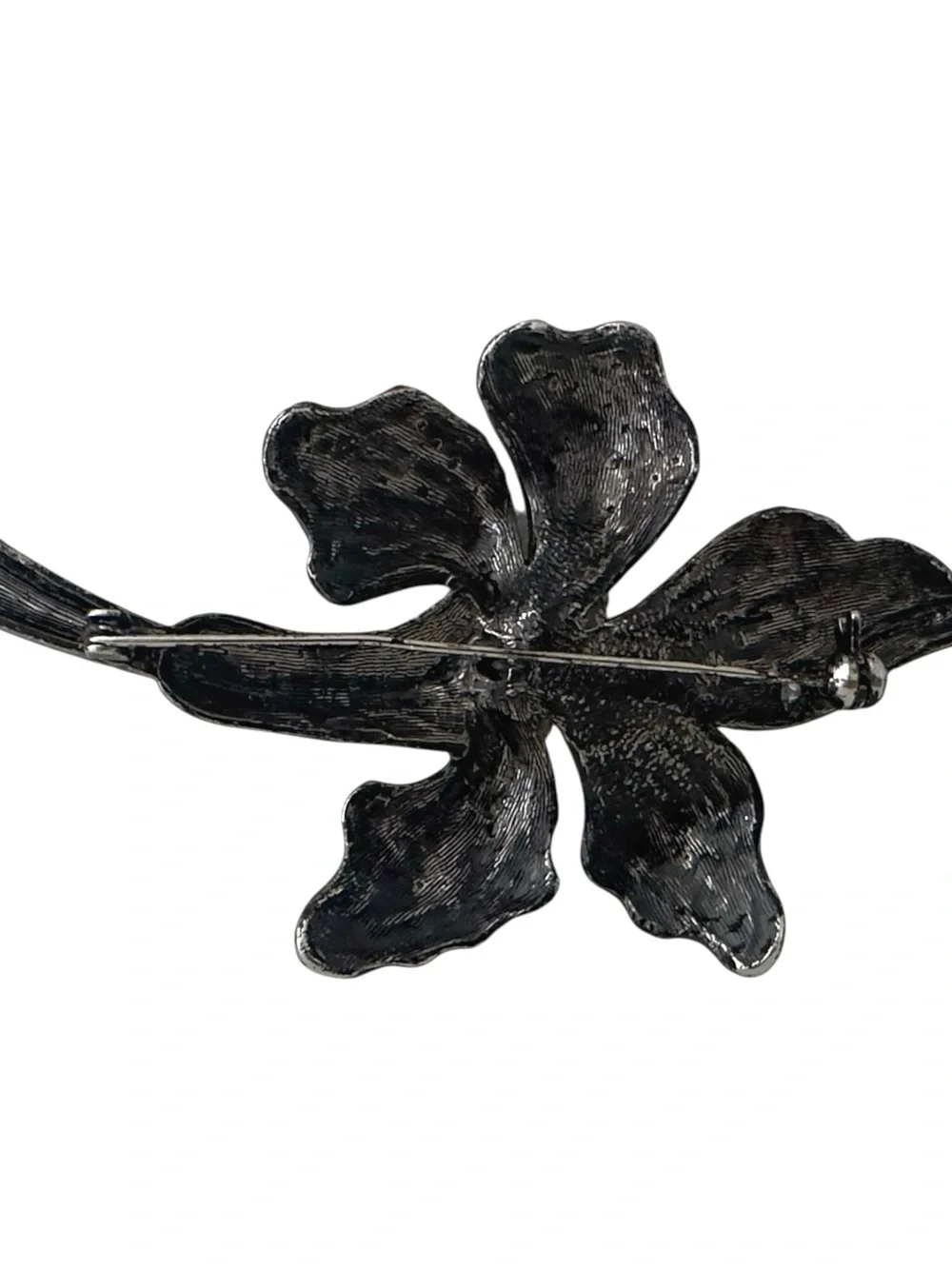 Vintage Black Sparkling Rhinestone Orchid Flower Brooch Pin Jewelry